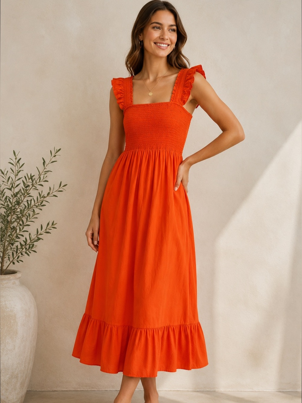 The Drop NWT Orange Smocked Cotton Ruffle Strap Midi Maxi Dress Small